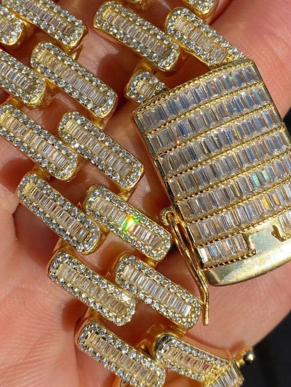 Baguette Prong Miami Cuban Link Chain Necklace Iced Out CZ Stones - 14k Gold Ver